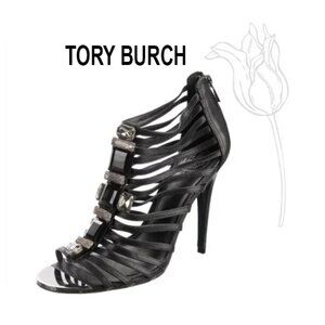 Tory Burch Leather Crystal Emblellishment Black Heel Shoe